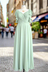 Mint Green V Neck Flutter Sleeve Backless Plus Size Bridesmaid Dresses