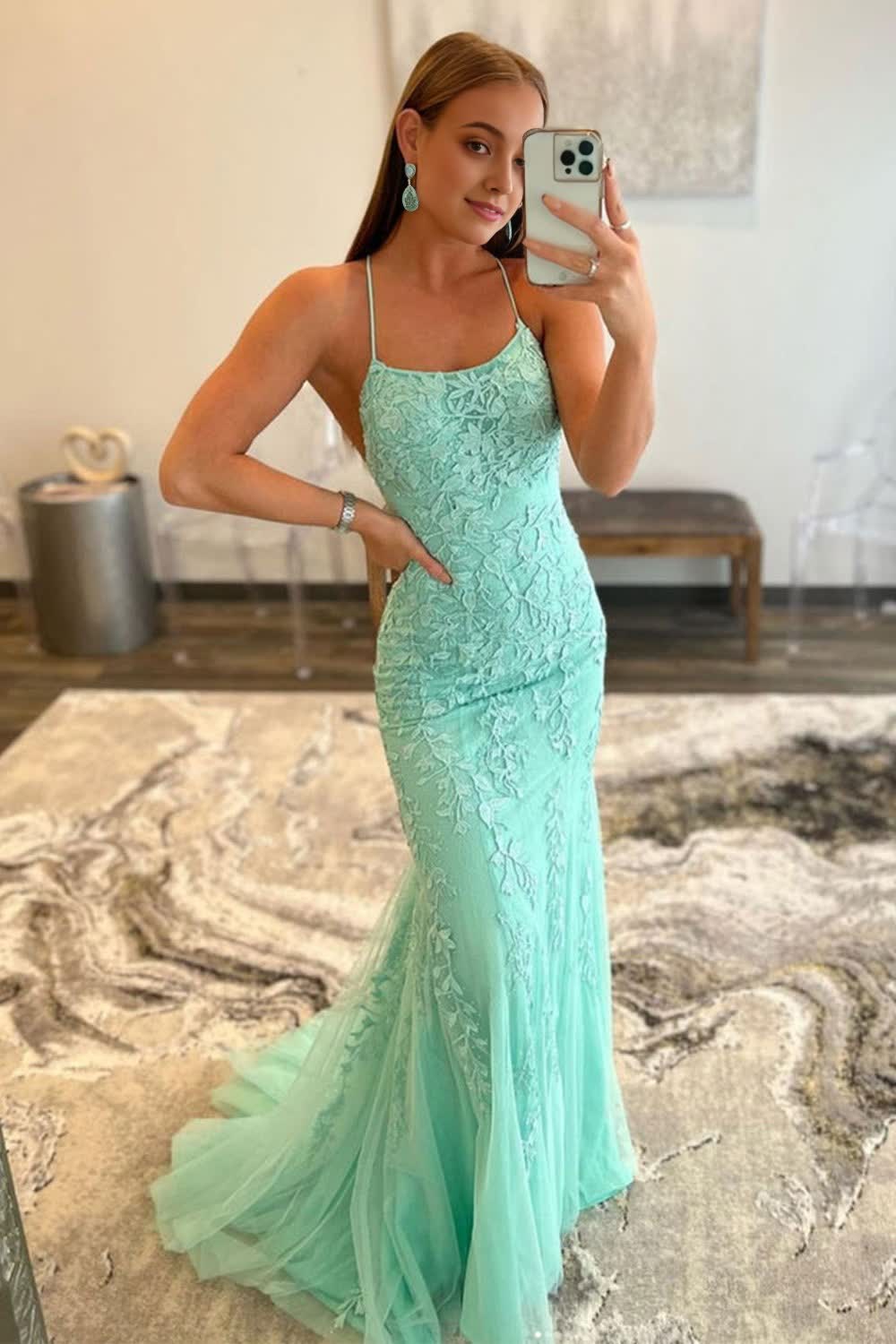 mint spaghetti straps appliques prom dress