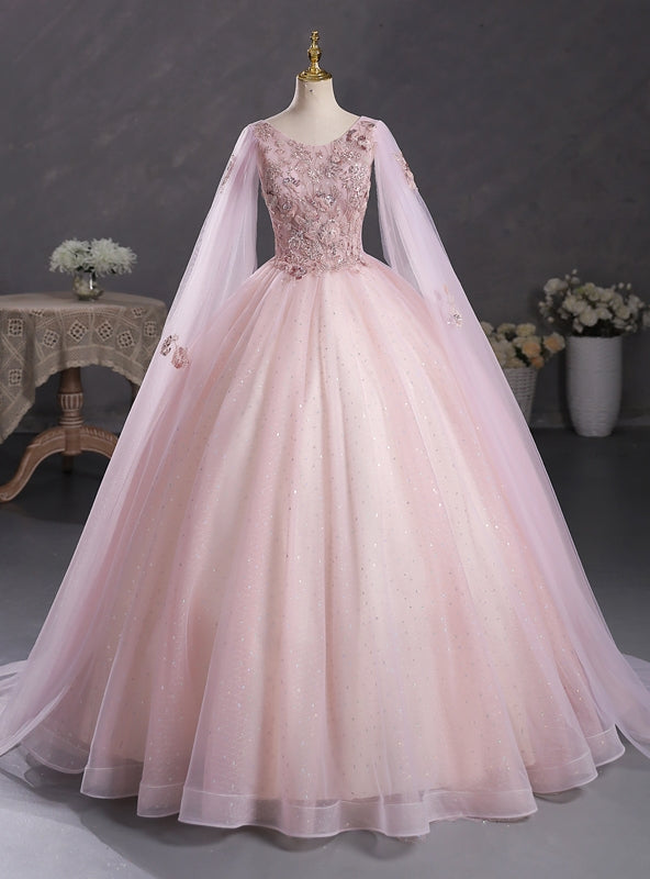 Modern Pink Tulle Appliques Beading Quinceanera Dress