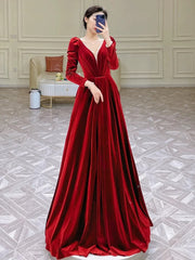 Modest A Line Long Sleeves Red Satin Evening Dresses Prom Dresses