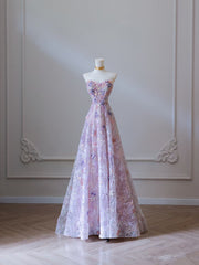 Modest A Line Sweetheart Lilac Tulle Sequin Flowers Evening Dresses Prom Dresses