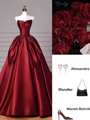 Modest Ball Gown Strapless Burgundy Satin Floor Length Evening Dresses Prom Dresses