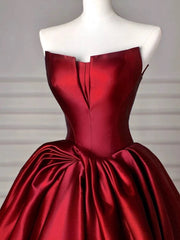 Modest Ball Gown Strapless Burgundy Satin Floor Length Evening Dresses Prom Dresses