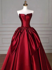 Modest Ball Gown Strapless Burgundy Satin Floor Length Evening Dresses Prom Dresses