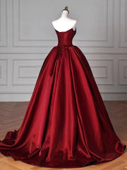 Modest Ball Gown Strapless Burgundy Satin Floor Length Evening Dresses Prom Dresses