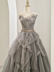 Modest Ball Gown Sweetheart Tulle Floor Length Evening Dresses Gray Prom Dresses