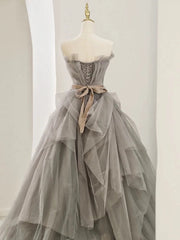 Modest Ball Gown Sweetheart Tulle Floor Length Evening Dresses Gray Prom Dresses