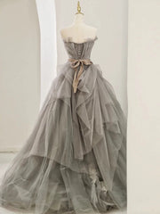 Modest Ball Gown Sweetheart Tulle Floor Length Evening Dresses Gray Prom Dresses