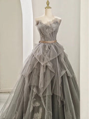 Modest Ball Gown Sweetheart Tulle Floor Length Evening Dresses Gray Prom Dresses