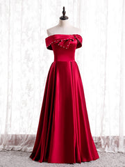 Modest Burgundy Satin Off the Shoulder Pearls Prom Dresses