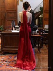 Modest Mermaid Backless Red Floor Length Evening Dress Satin Prom Dresses