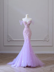 Modest Mermaid Off The Shoulder Lilac Tulle Flowers Evening Dresses Long Prom Dresses