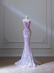 Modest Mermaid Sweetheart Lilac Tulle Sequin Flowers Evening Dresses Long Prom Dresses