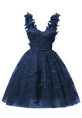 Navy Blue 3d Butterfly Dantelă Aplicație Tulle Rochie Homecoming pentru adolescenți Sweetheart Mini Rochii de bal scurte