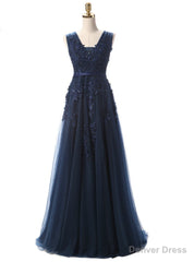 Navy Blue A-line V-neck Appliques Prom Dress