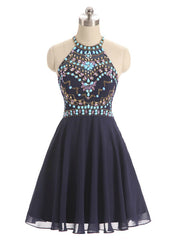 Navy Blue Chiffon Beading Halter Short Dress