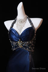 Navy Blue Halter Beaded Prom Dress Long Evening Dress