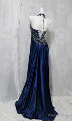 Navy Blue Halter Beaded Prom Dress Long Evening Dress