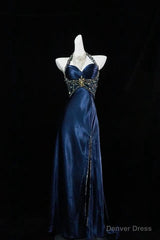 Navy Blue Halter Beaded Prom Dress Long Evening Dress