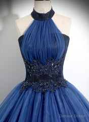 Navy Blue High Neckline Tulle Long Formal Dress, Navy Blue Ball Gown Party Dress