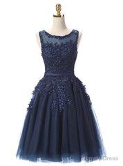 Navy Blue Lace Short Beaded Homecoming Dress