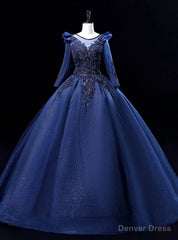 Navy Blue Long Sleeve Beading Sequins Quinceanera Dress