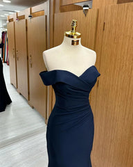 Navy Blue Mermaid Spandex Off Shoulder Party Dresses, Navy Blue Prom Dresses