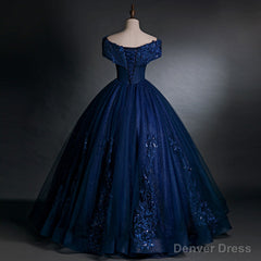 Navy Blue Off Shoulder Ball Gown Tulle with Lace Sweet 16 Gown, Quinceanera Dresses