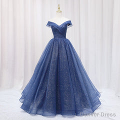 Navy Blue Off Shoulder Shiny Tulle Floor Length Prom Dress, Blue Prom Dress