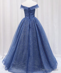 Navy Blue Off Shoulder Shiny Tulle Floor Length Prom Dress, Blue Prom Dress