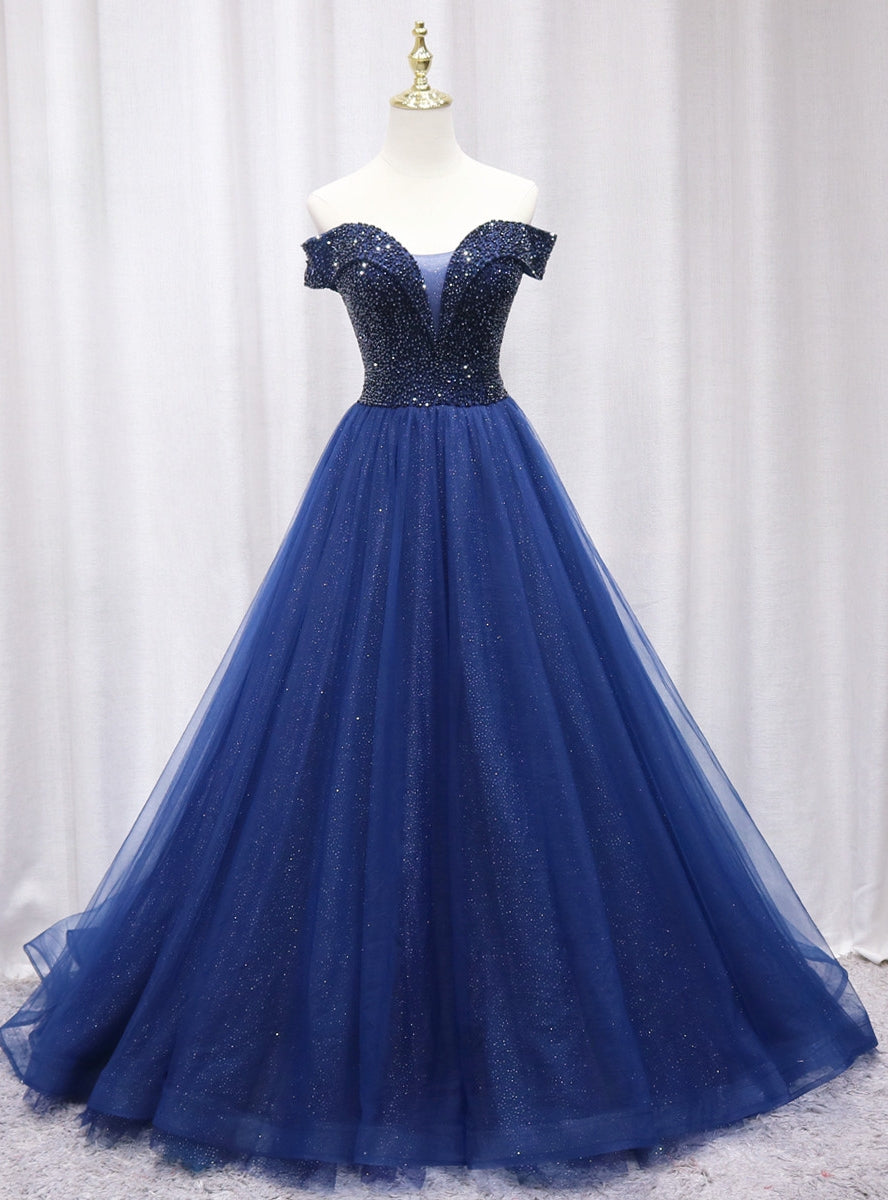 Navy Blue Off the Shoulder Beading Prom Dress