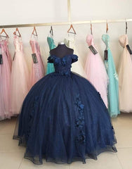 Navy Blue Organza Off The Shoulder Ball Gown Quinceanera Dresses