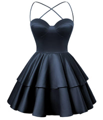 Navy Blue Satin Homecoming Dress Sweetheart Neck Noten Short Graduation Kjoler