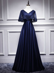 Navy Blue Satin Lace V-neck Bat Pearls Prom Dresses