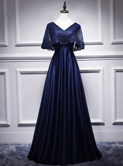 Navy Blue Satin Lace V-neck Bat Pearls Prom Dress