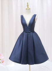 Navy Blue Satin See Through V-neck Homecoming Dresses