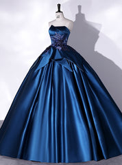 Navy Blue Satin Strapless Appliques Quinceanera Dress