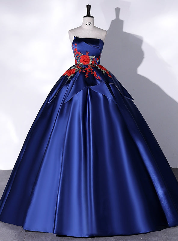 Navy Blue Satin Strapless Embroidery Appliques Quinceanera Dress