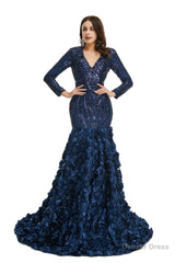 Sequins Mermaid Long V Neck Prom Dresses Full Sleeve