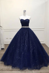 Navy Blue Shiny Tulle Beaded Long Party Dresses Sweetheart Tulle Prom Dresses prom Dresses shops