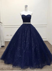 Navy Blue Shiny Tulle Beaded Long Party Dresses Sweetheart Tulle Prom Dresses prom Dresses shops