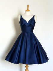 Navy blue Short Fashion Party Dresses V neck A Line Prom Dresses Backless Homecoming Dresses