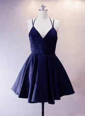 Navy Blue Short Straps Satin Homecoming Dresses, Lovely Simple Prom Dresses