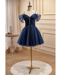 Navy Blue Short Tulle Homecoming Prom Dresses with Beadings