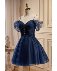 Navy Blue Short Tulle Homecoming Prom Dresses with Beadings