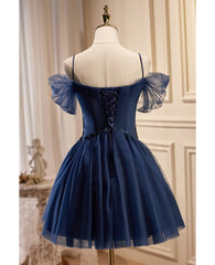 Navy Blue Short Tulle Homecoming Prom Dresses with Beadings