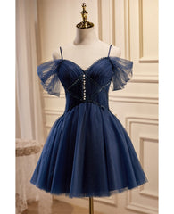 Navy Blue Short Tulle Homecoming Prom Dresses with Beadings