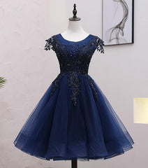 Navy Blue Tulle Beaded Knee Length Cap Sleeves Prom Dresses, Blue Homecoming Dresses