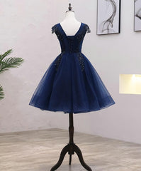 Navy Blue Tulle Beaded Knee Length Cap Sleeves Prom Dresses, Blue Homecoming Dresses