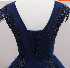 Navy Blue Tulle Beaded Knee Length Cap Sleeves Prom Dresses, Blue Homecoming Dresses